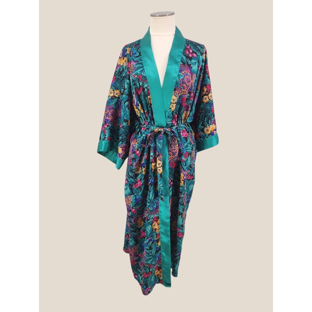 Womens Vintage Satin Robe Kimono Sleeve Retro Paisley Belted Luxe Baroque Medium